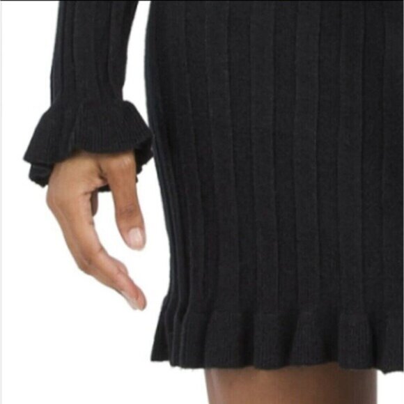 VERTIGO Cowl Neck Pleated Skirt Waist Tie Ribbed Knit Mini Dress Size M Black - Picture 3 of 16